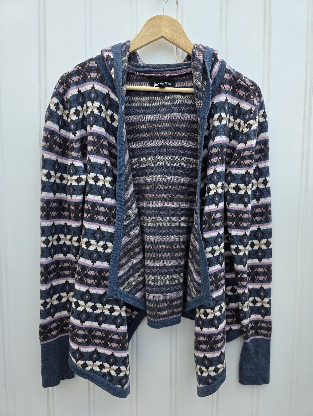 Betabrand Fair Isle Hooded Open Front Wrap Cardigan Merino Wool Size S/M